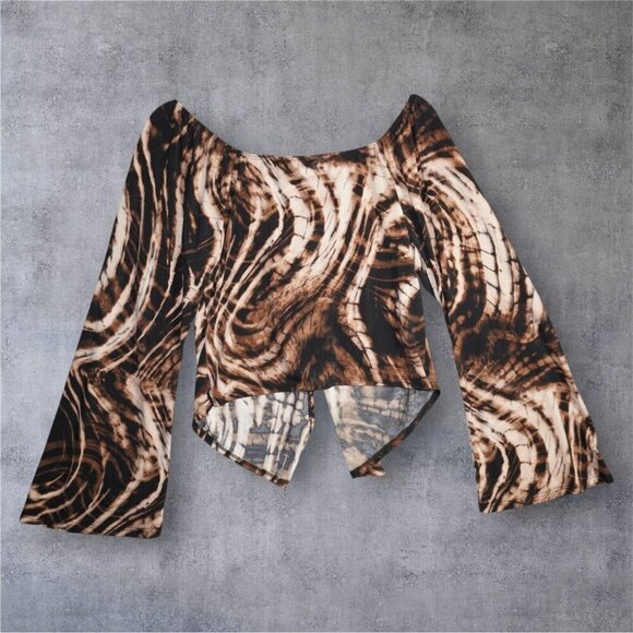 Bluebell Brown Swirl Print Mesh Top – Size 1X – Y2K Inspired Bell Sleeve Knot - Picture 7 of 14